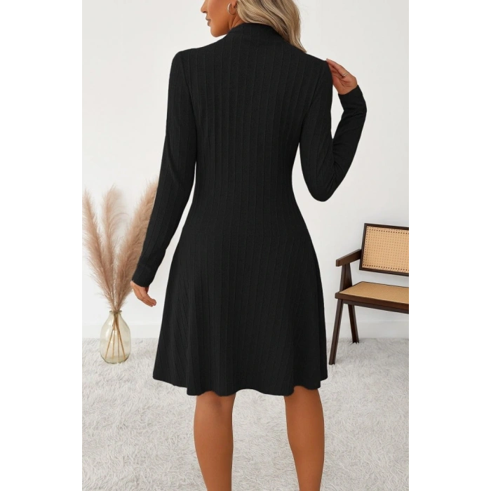 Kadın Uzun Kollu önden Fermuarlı Pileli şardonlu Kaşkorse Mini Elbise