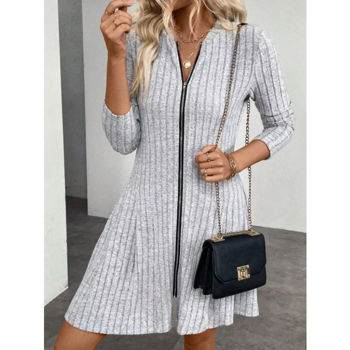 Kadın Uzun Kollu önden Fermuarlı Pileli şardonlu Kaşkorse Mini Elbise