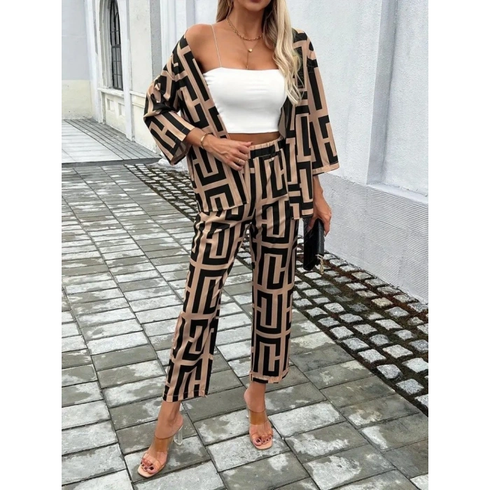 Kadın Uzun Kollu önü Açık Desenli Iki Iplik Ceket Ve Pantolon Ikili Takım