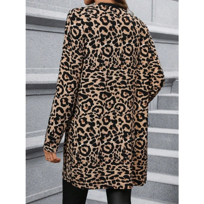 Kadın Uzun Kollu önü Açık Leopar Desenli Modal Ceket