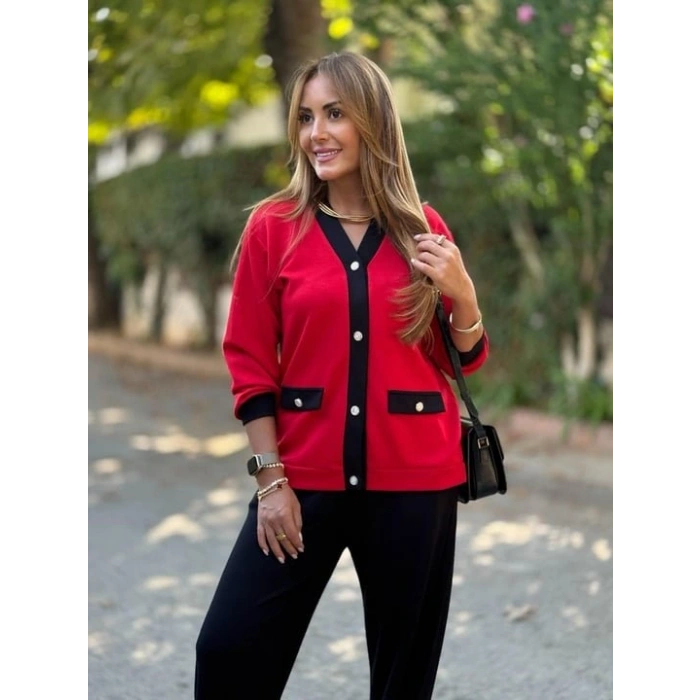 Kadın Uzun Kollu Ribanali Cep Detay Hırka Ve Bol Paça Pantolon Ikili Takım