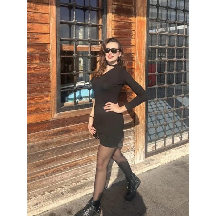 Kadın Uzun Kollu Tek Omuz Ve Kol Açık Detay Viskon Mini Boy Elbise