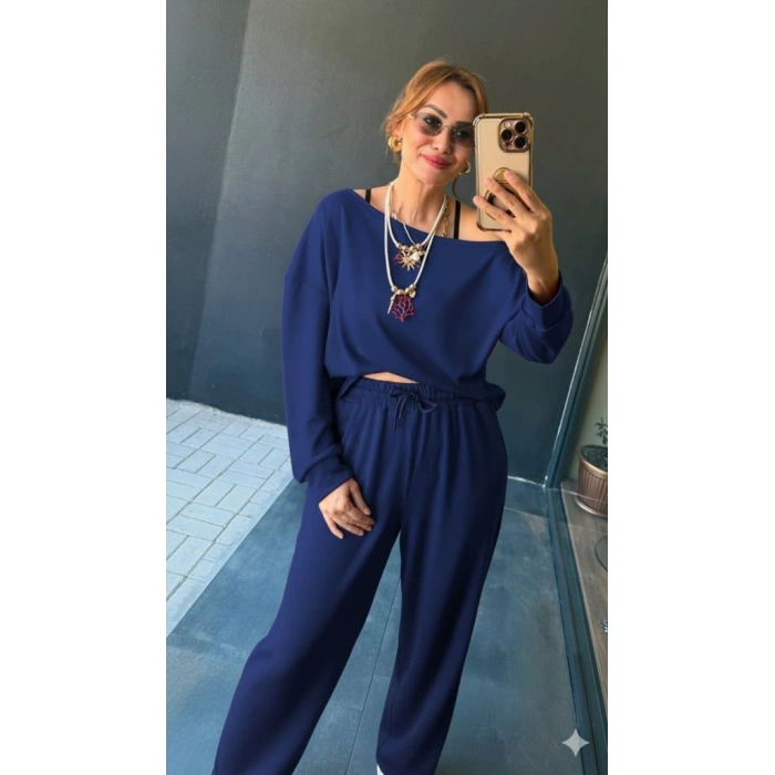 Kadın Uzun Kollu Tek Omuzdan Açık Viskon Iki Iplik Bluz Ve Pantolon Ikili Takım