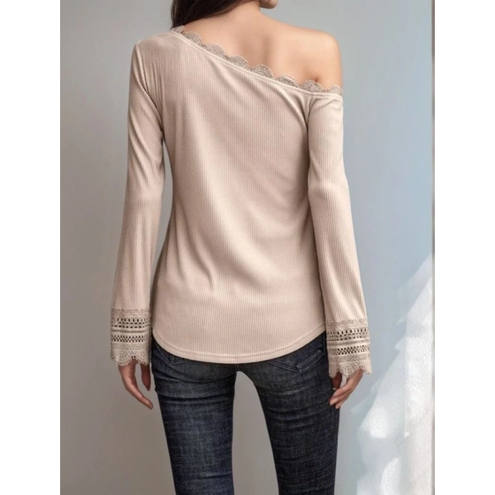 Kadın Uzun Kollu Tek Omuzu Açık Dantelli Burgu Bluz