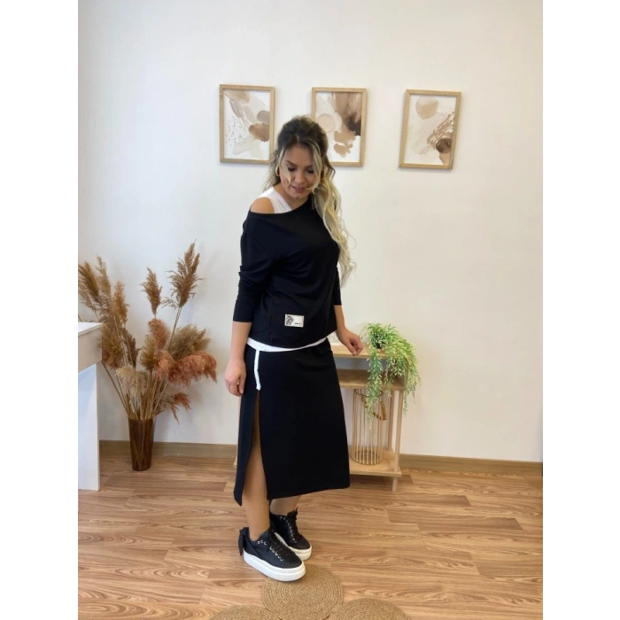 Kadın Uzun Kollu Tek Omuzu Açık Viskon Bluz Içi Atletli Ve Yandan şeritli üçlü Viskon Ikili Takım