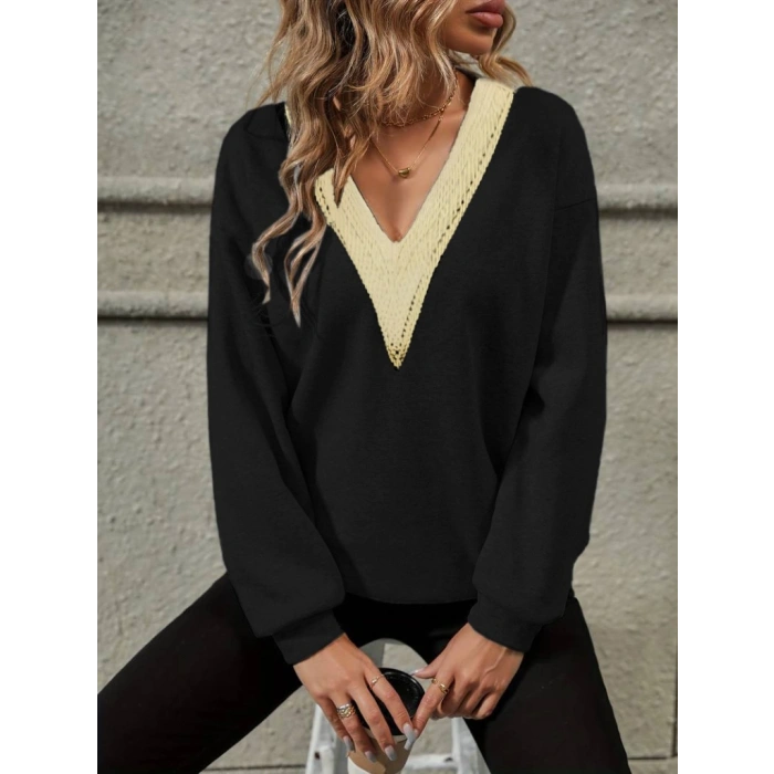 Kadın Uzun Kollu V Dantel Yaka şardonsuz üç Iplik Bluz