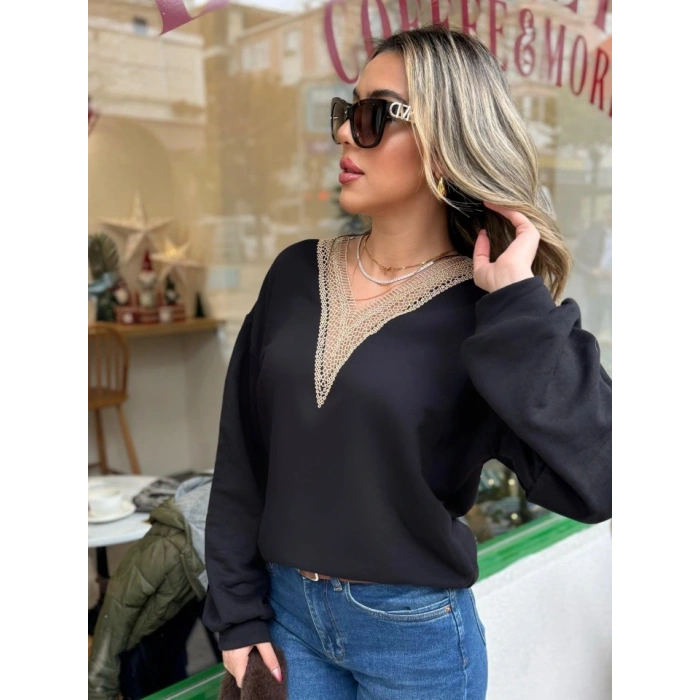 Kadın Uzun Kollu V Dantel Yaka şardonsuz üç Iplik Bluz