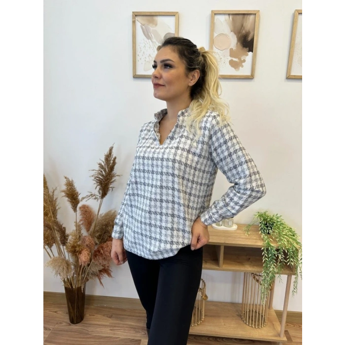 Kadın Uzun Kollu V Hakim Yaka çok Renkli Dokuma Bluz