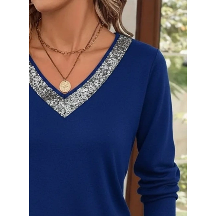 Kadın Uzun Kollu V Payet Yakalı Viskon Bluz