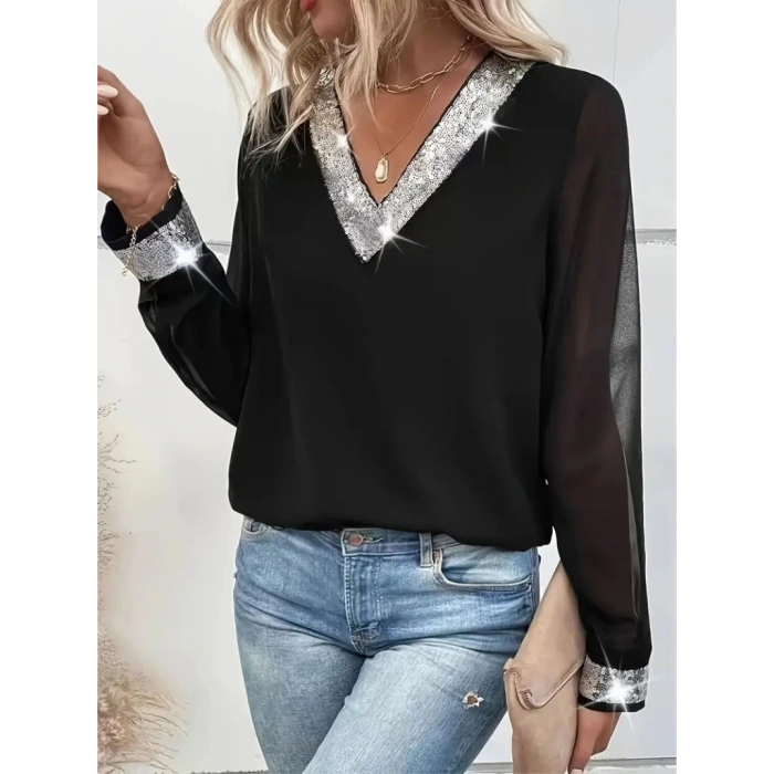 Kadın Uzun Kollu V Pulpayet Yakalı Ithal Krep Bluz