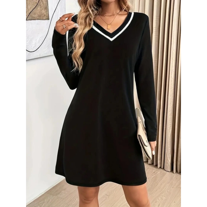 Kadın Uzun Kollu V şerit Yakalı Kısa Viskon Iki Iplik Elbise