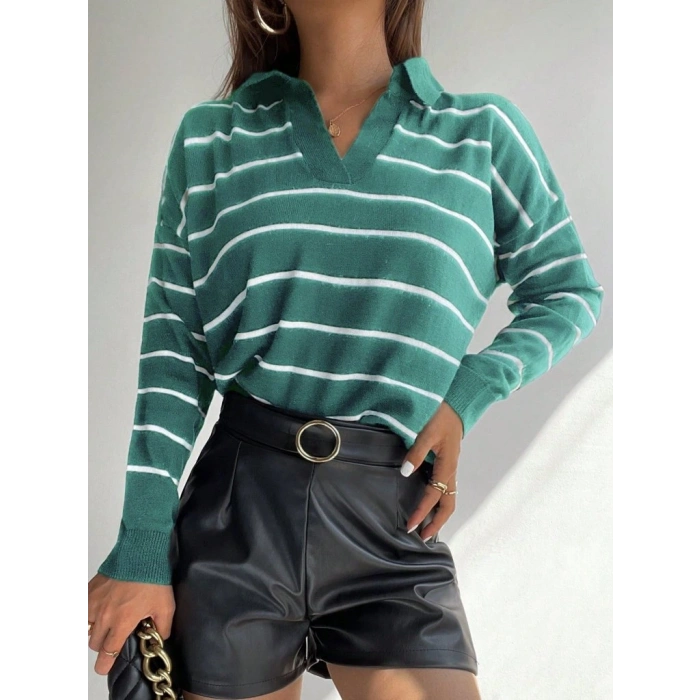 Kadın Uzun Kollu V Yaka çizgili Triko Bluz