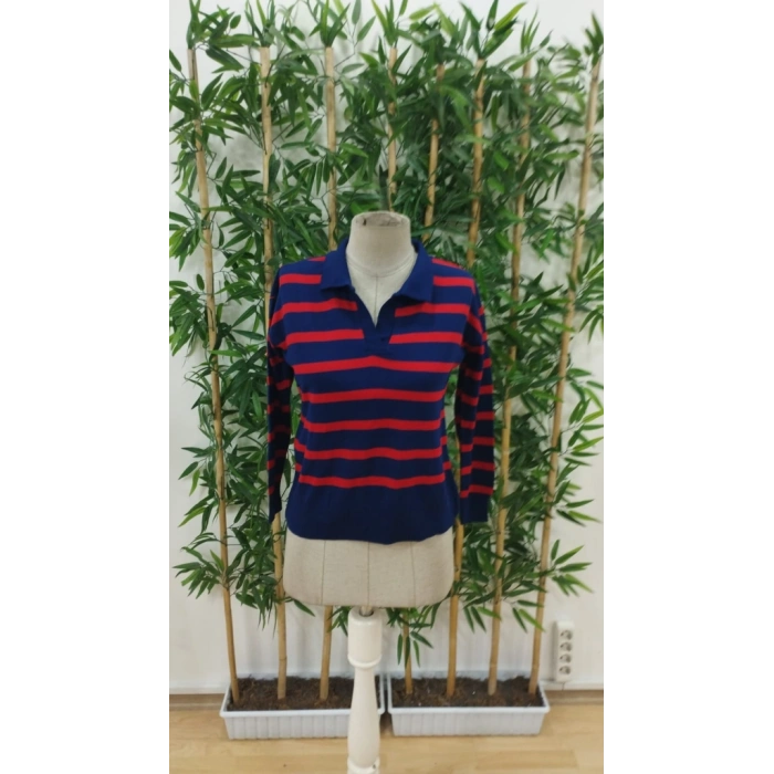 Kadın Uzun Kollu V Yaka çizgili Triko Bluz