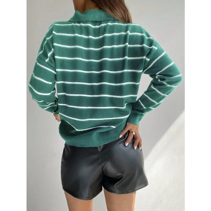 Kadın Uzun Kollu V Yaka çizgili Triko Bluz