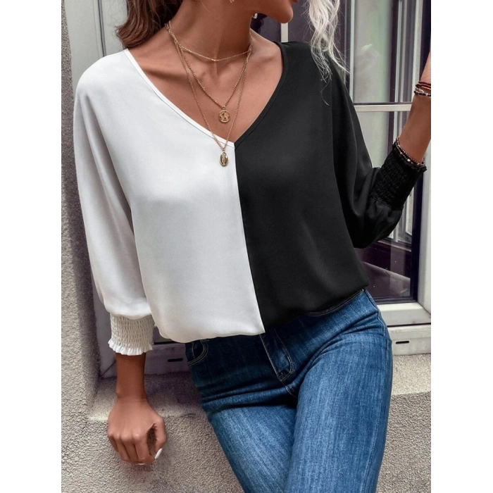 Kadın Uzun Kollu V Yaka Kol Ağzı Gipeli Sandy Bluz