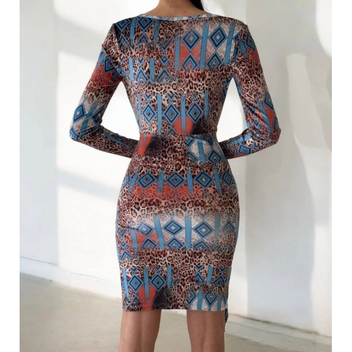 Kadın Uzun Kollu V Yaka Leopar Etnik Desen Fırsat ürün Mini Kruvaze Elbise