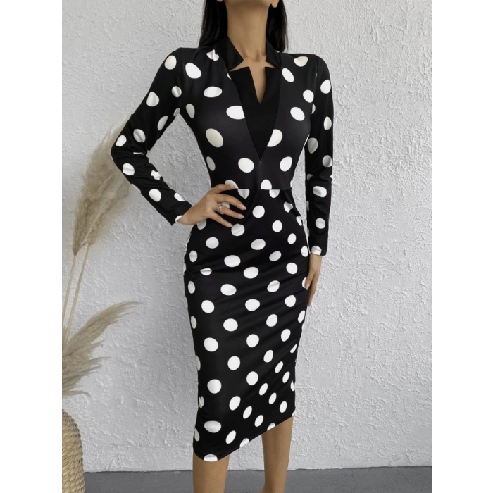 Kadın Uzun Kollu V Yaka Puantiyeli Krep Midi Boy Elbise