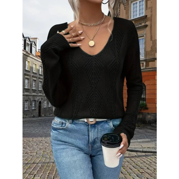 Kadın Uzun Kollu V Yakalı Arkası Düğmeli Triko Bluz