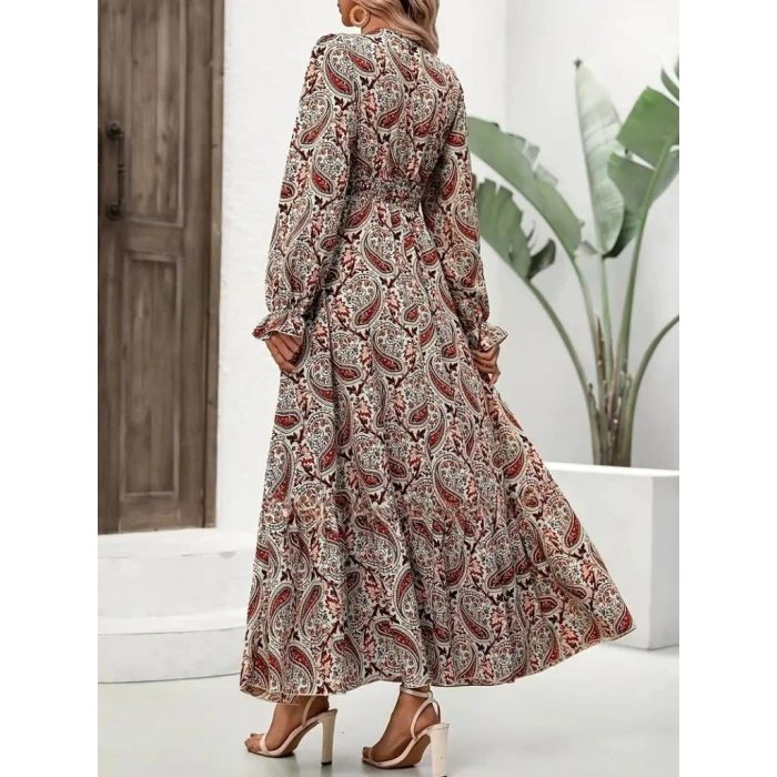 Kadın Uzun Kollu V Yakalı Beli Lastikli Desenli Süprem Elbise