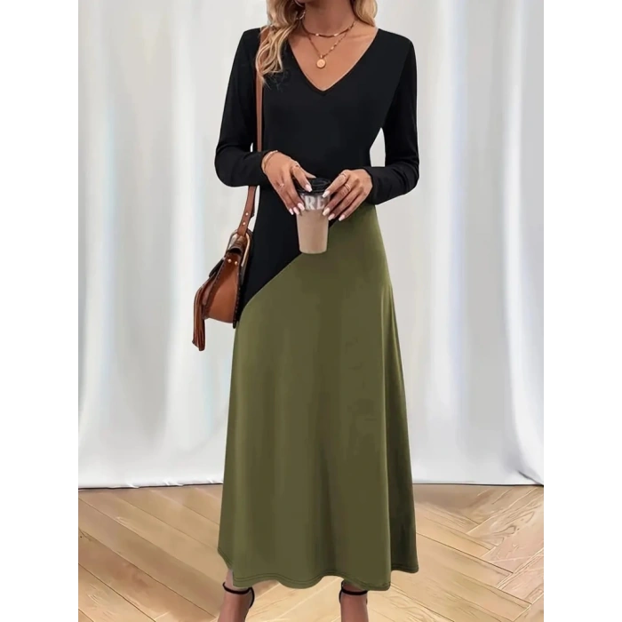 Kadın Uzun Kollu V Yakalı Blok Desenli Viskon Elbise