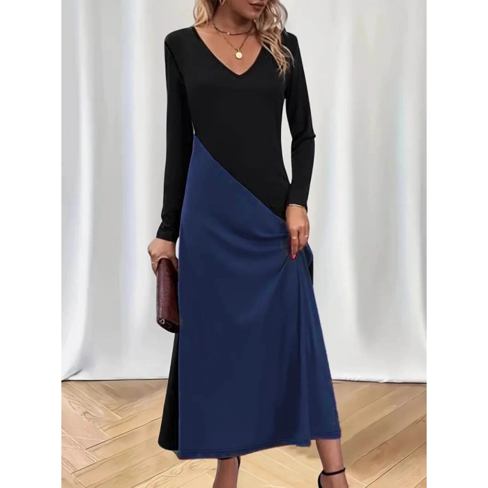 Kadın Uzun Kollu V Yakalı Blok Desenli Viskon Elbise