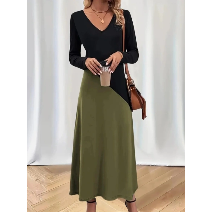 Kadın Uzun Kollu V Yakalı Blok Desenli Viskon Elbise