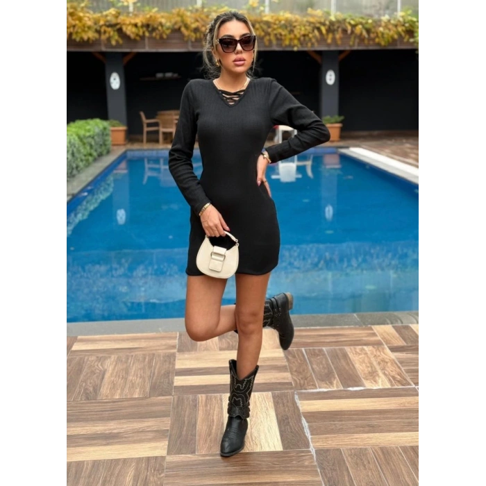 Kadın Uzun Kollu V Yakalı çapraz şerit Detaylı şardonlu Kaşkorse Midi Elbise