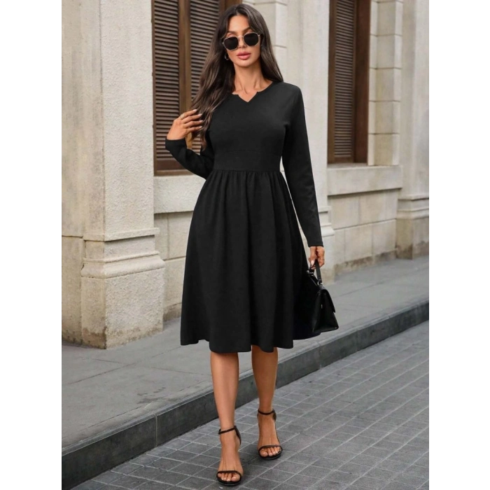 Kadın Uzun Kollu V Yakalı Cepli Midi Ithal Krep Elbise