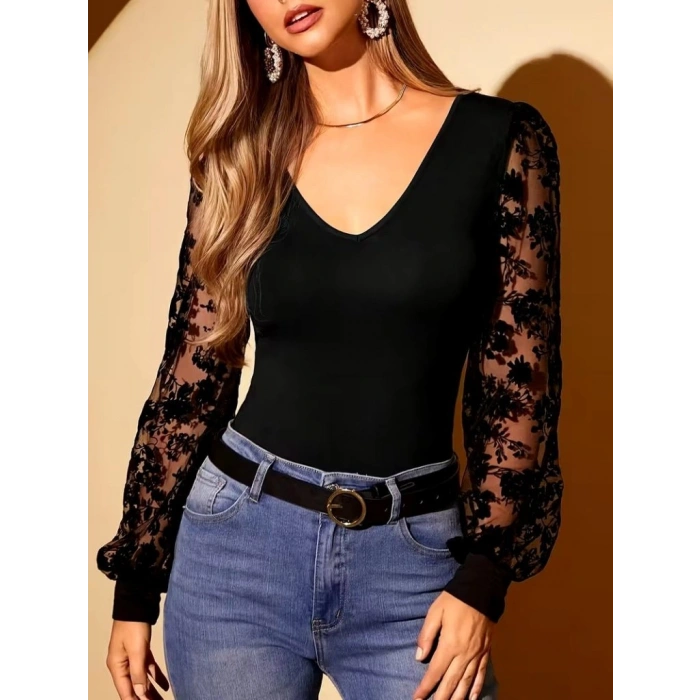 Kadın Uzun Kollu V Yakalı Dantelli Viskon Bluz