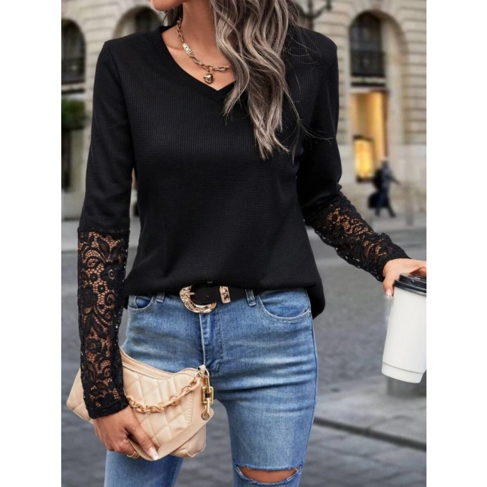 Kadın Uzun Kollu V Yakalı Dantelli Waffle Bluz