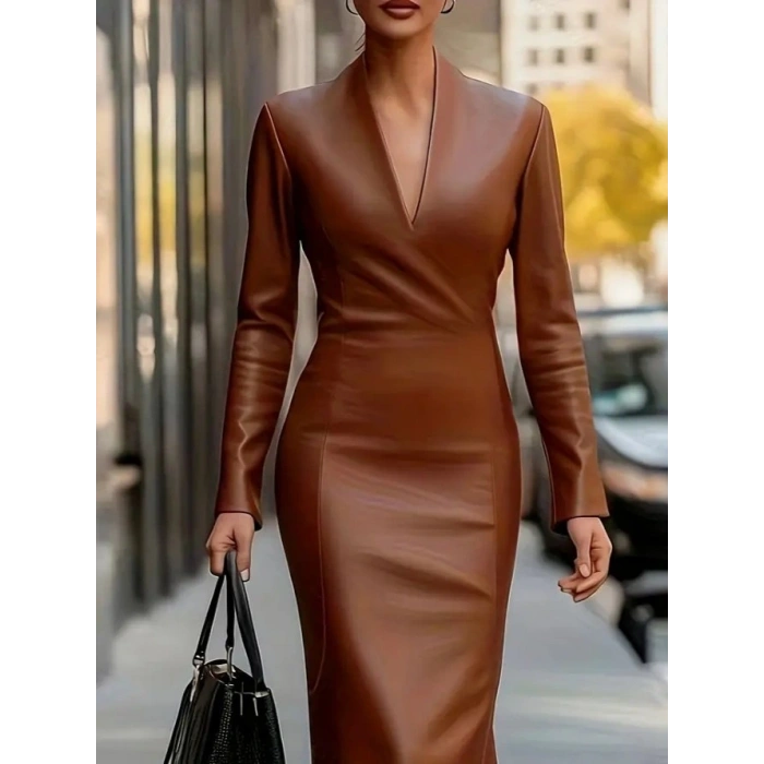 Kadın Uzun Kollu V Yakalı Deri Midi Elbise