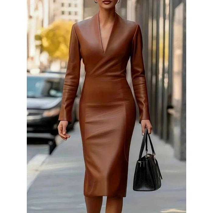 Kadın Uzun Kollu V Yakalı Deri Midi Elbise