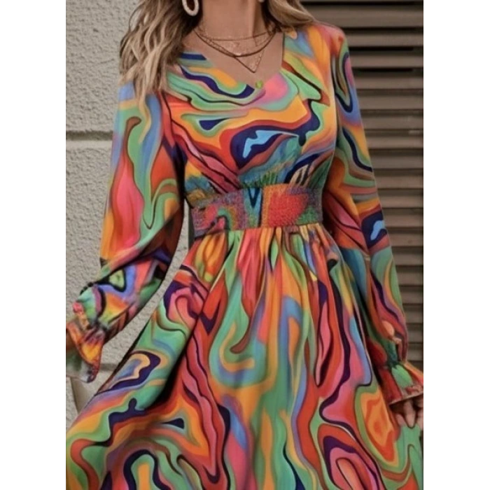 Kadın Uzun Kollu V Yakalı Desenli Maxi Süprem Elbise