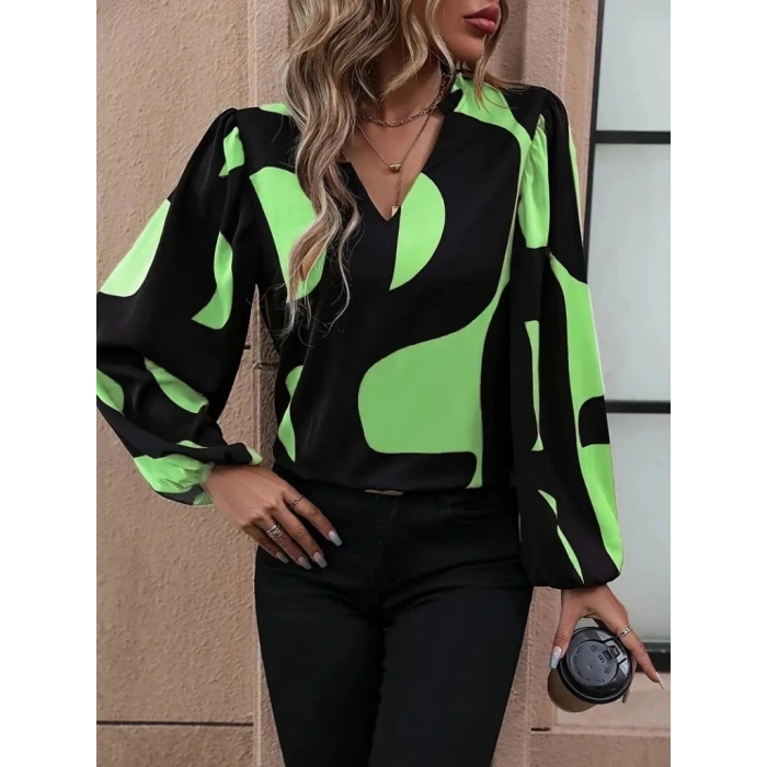 Kadın Uzun Kollu V Yakalı Desenli Modal Bluz