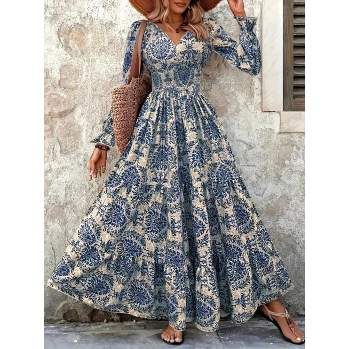 Kadın Uzun Kollu V Yakalı Desenli Süprem Elbise