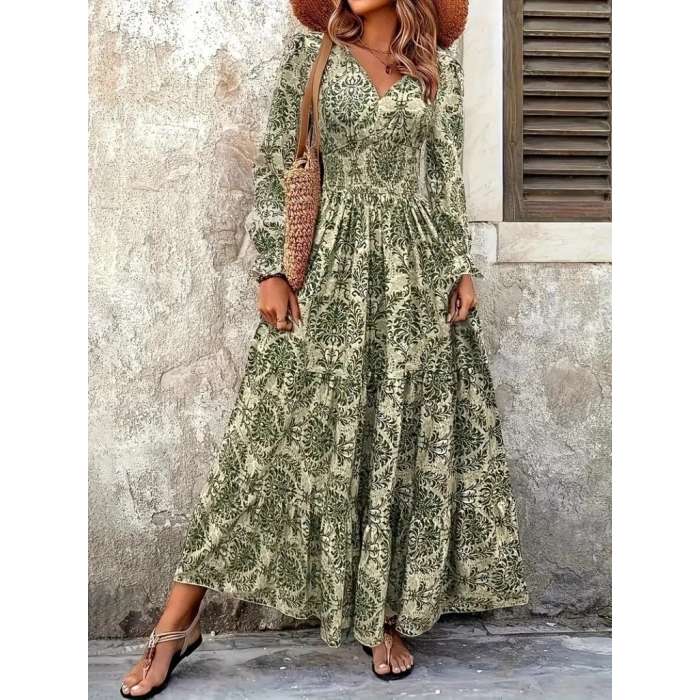 Kadın Uzun Kollu V Yakalı Desenli Süprem Elbise