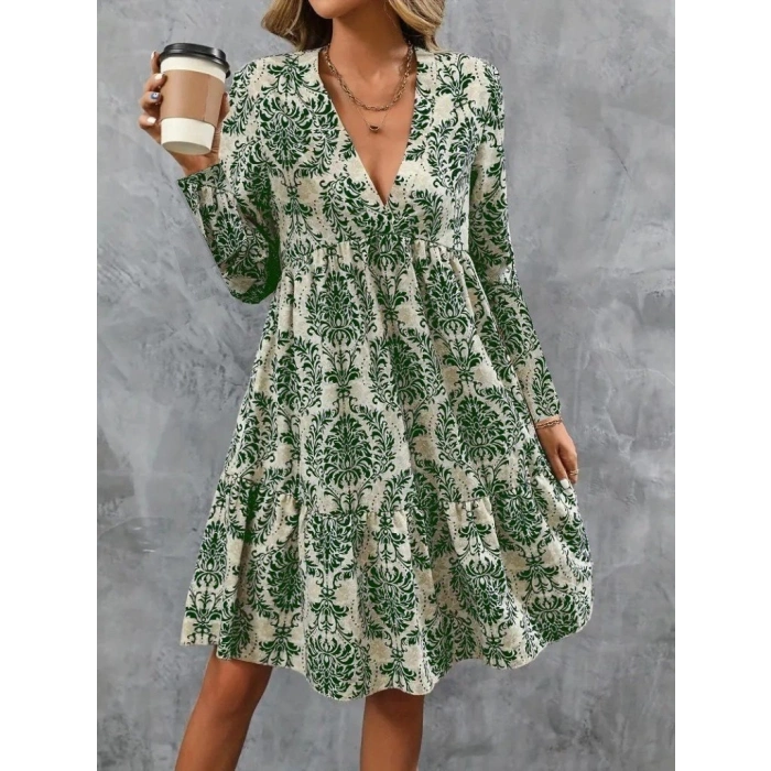 Kadın Uzun Kollu V Yakalı Fırfırlı Mini Süprem Elbise