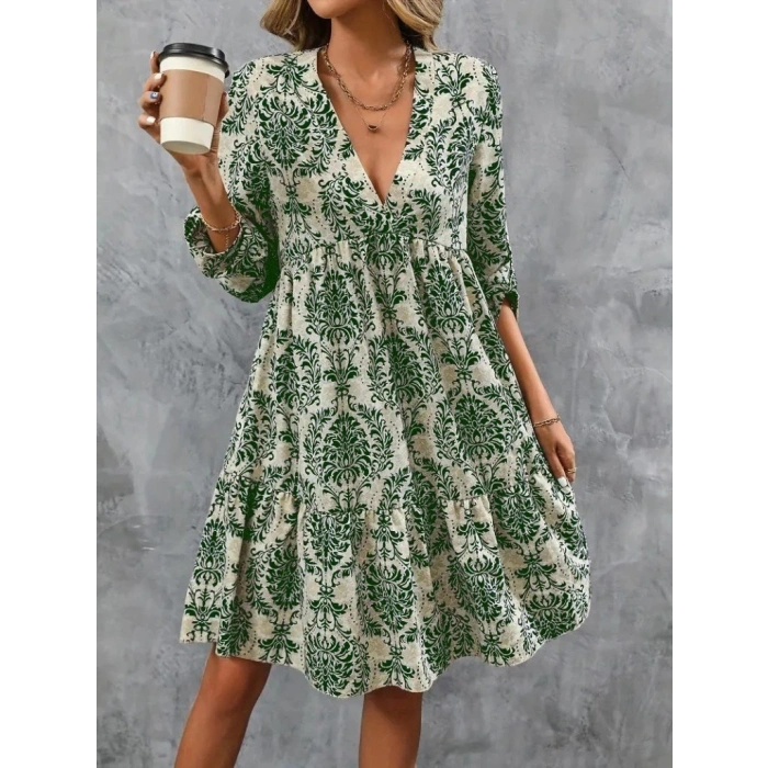 Kadın Uzun Kollu V Yakalı Fırfırlı Mini Süprem Elbise