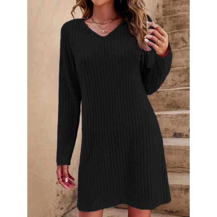 Kadın Uzun Kollu V Yakalı Kısa şardonlu Kaşkorse Elbise