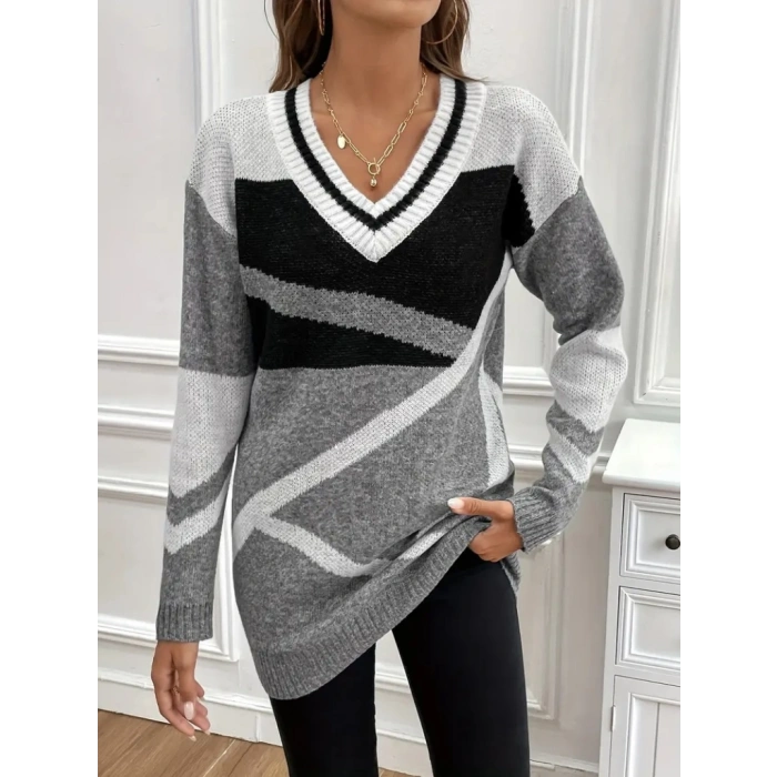 Kadın Uzun Kollu V Yakalı Kısa Triko Elbise