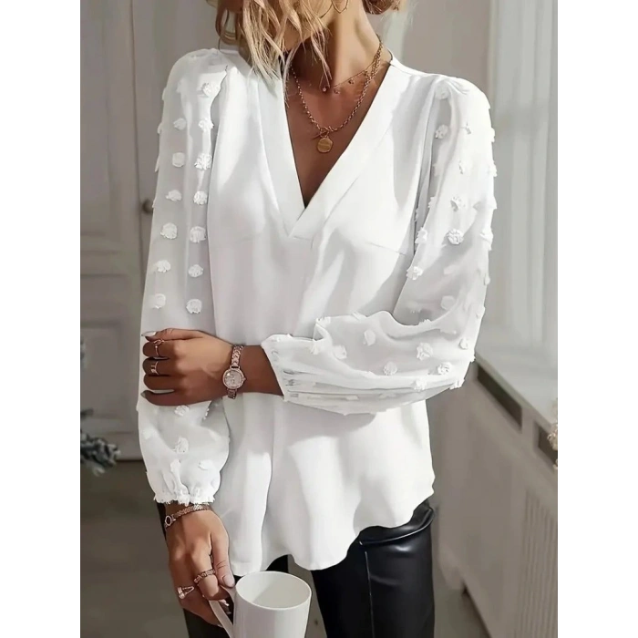 Kadın Uzun Kollu V Yakalı Kolları Popon Detaylı Sandy Bluz