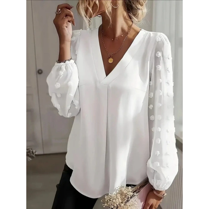 Kadın Uzun Kollu V Yakalı Kolları Popon Detaylı Sandy Bluz