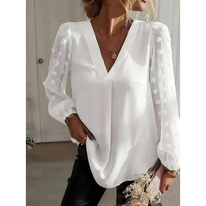 Kadın Uzun Kollu V Yakalı Kolları Popon Detaylı Sandy Bluz