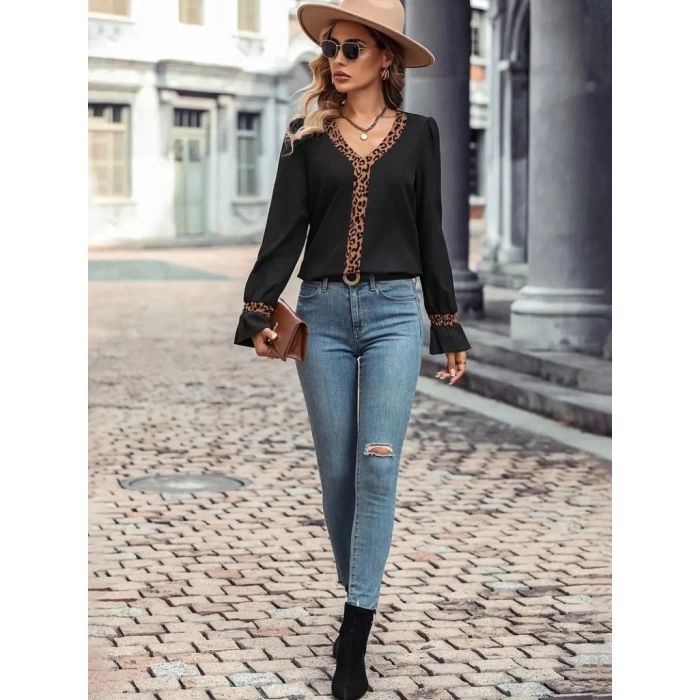 Kadın Uzun Kollu V Yakalı Leopar Detaylı Krep Bluz