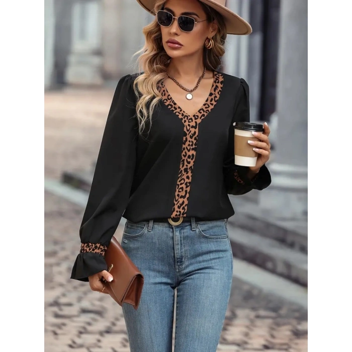 Kadın Uzun Kollu V Yakalı Leopar Detaylı Krep Bluz