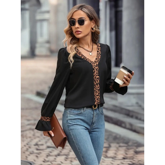 Kadın Uzun Kollu V Yakalı Leopar Detaylı Krep Bluz