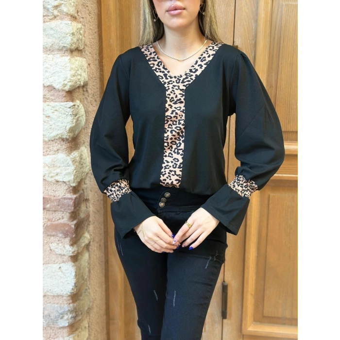 Kadın Uzun Kollu V Yakalı Leopar Detaylı Krep Bluz