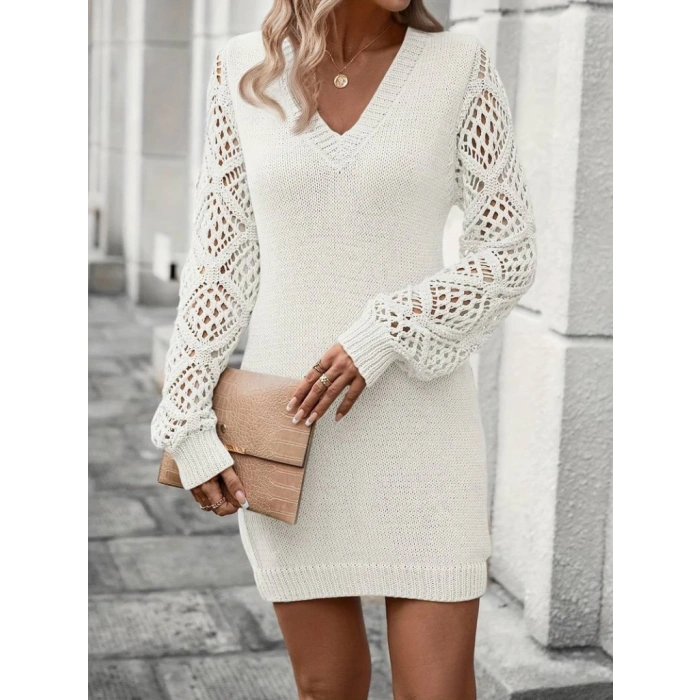 Kadın Uzun Kollu V Yakalı Mini Triko Elbise