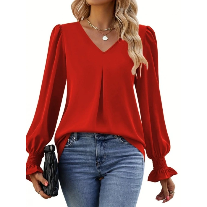 Kadın Uzun Kollu V Yakalı Salaş Ithal Krep Bluz
