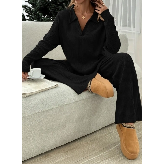 Kadın Uzun Kollu V Yakalı şardonlu Kaşkorse Bluz Ve Pantolon Ikili Takım